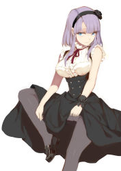 Rule 34 | 10s, 1girl, blue eyes, breasts, crotch seam, d. (ddot2018), dagashi kashi, dress, hair ribbon, highres, large breasts, light smile, loafers, looking at viewer, pantyhose, purple dress, ribbon, shidare hotaru, shoes, simple background, sleeveless, sleeveless dress, solo, white background