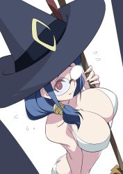 Rule 34 | 1girl, absurdres, bikini, blue hair, breasts, broom, closed mouth, glasses, hat, highres, huge breasts, little witch academia, long hair, looking at viewer, red eyes, simple background, smile, solo, swimsuit, ursula callistis, white background, white bikini, witch, witch hat, yumekaranigeruna