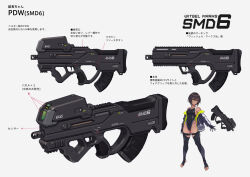 Rule 34 | 1girl, arms note, assault rifle, bare shoulders, black gloves, black one-piece swimsuit, brown hair, bullpup, character sheet, competition swimsuit, covered navel, dark-skinned female, dark skin, from side, fukai ryosuke, gloves, green eyes, gun, hair ornament, highres, jacket, looking at viewer, magazine (weapon), multiple views, off shoulder, one-piece swimsuit, personal defense weapon, rifle, short hair, simple background, submachine gun, swimming club president (fukai ryousuke), swimsuit, swimsuit under clothes, thighhighs, toeless legwear, weapon, weapon focus