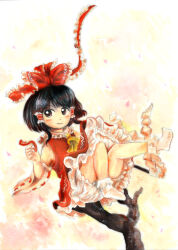 Rule 34 | 1girl, ascot, black hair, bloomers, bobby socks, bow, closed mouth, detached sleeves, frilled bow, frilled hair tubes, frills, gohei, hair bow, hair tubes, hakurei reimu, highres, medinki, official style, painting (medium), red bow, red eyes, red skirt, ribbon-trimmed sleeves, ribbon trim, short hair, skirt, smile, socks, solo, touhou, traditional media, underwear, watercolor (medium), white bloomers, white sleeves, white socks, yellow ascot, zun (style)
