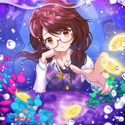 Rule 34 | 1girl, air bubble, aquarium, arm support, bolo tie, brown hair, bubble, clothes writing, fish, glasses, highres, looking at viewer, low twintails, medium hair, plaid, plaid vest, pointing, pointing at viewer, purple vest, red-framed eyewear, semi-rimless eyewear, touhou, twintails, usamata nozomi, usami sumireko, vest, water, wing collar, zener card
