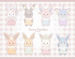Rule 34 | :3, animal focus, blue eyes, bow, brown eyes, chibi, creatures (company), english text, espeon, fins, flareon, forehead jewel, game freak, gen 1 pokemon, gen 2 pokemon, gen 4 pokemon, gen 6 pokemon, gingham, glaceon, head fins, highres, jolteon, lace, lace background, leafeon, nintendo, no humans, one (chirufhy), parody, pastel colors, pink background, pink bow, pokemon, pokemon (creature), purple eyes, red eyes, smile, standing, style parody, sylvanian families, sylveon, twitter username, umbreon, vaporeon, yellow eyes