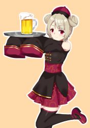 Rule 34 | &gt;:), 1girl, alcohol, bare shoulders, beer, beer mug, black dress, black thighhighs, breasts, brown background, brown hair, closed mouth, clothing cutout, commentary request, cup, double bun, dress, fang, fang out, foam, hair bun, hat, holding, holding tray, iseshi, long sleeves, looking at viewer, mug, natori sana, outline, outstretched arms, pleated skirt, red footwear, red hat, red skirt, ribbon trim, sana channel, shoes, shoulder cutout, sidelocks, skirt, sleeves past fingers, sleeves past wrists, small breasts, smile, solo, standing, standing on one leg, thighhighs, tray, v-shaped eyebrows, virtual youtuber, white outline