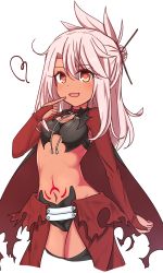 Rule 34 | 1girl, bikini, black bikini, breasts, bridal gauntlets, chawan (yultutari), chloe von einzbern, coat, cosplay, cowboy shot, cropped legs, dark-skinned female, dark skin, fate/kaleid liner prisma illya, fate (series), feather hair ornament, feathers, finger to mouth, feather hair ornament, hair ornament, hairpin, heart, heart-shaped pupils, highres, long hair, long sleeves, looking at viewer, magical girl, navel, open mouth, overskirt, red coat, red eyes, red skirt, seductive smile, simple background, skirt, small breasts, smile, solo, stomach tattoo, swimsuit, symbol-shaped pupils, tattoo, wavy mouth, white background, white hair