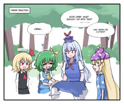 Rule 34 | 5girls, american flag, american flag legwear, american flag print, black dress, blonde hair, blue dress, blue hair, bow, cirno, clothes, clownpiece, commentary, crying, daiyousei, dress, english commentary, english text, flag print, green hair, hat, highres, jester cap, kamishirasawa keine, mata (matasoup), multiple girls, notice lines, open mouth, red bow, red eyes, red neckwear, rumia, sad, smile, star (symbol), star print, touhou, tree, trembling, yellow neckwear