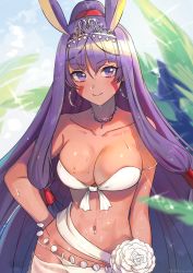 Rule 34 | 1girl, alternate costume, animal ears, arm at side, arm behind back, bare shoulders, bikini, bracelet, breasts, closed mouth, collarbone, commentary request, cowboy shot, dark-skinned female, dark skin, earrings, facepaint, facial mark, fate/grand order, fate (series), female focus, front-tie top, hairband, high ponytail, highres, hoop earrings, jackal ears, jewelry, large breasts, long hair, looking at viewer, low-tied long hair, midriff, navel, neck, nitocris (fate), nitocris (swimsuit assassin) (third ascension) (fate), ponytail, purple eyes, purple hair, rabbit ears, sidelocks, skindentation, smile, solo, stomach, strapless, strapless bikini, swimsuit, thighs, type-moon, very long hair, white bikini, yuura