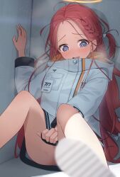 Rule 34 | 1girl, @ @, absurdres, bare legs, blue archive, blue eyes, blush, braid, commentary, forehead, halo, highres, jacket, jacket tug, long hair, long sleeves, no pants, open mouth, red hair, ringopan, shoes, sitting, solo, sweat, very long hair, white jacket, yellow halo, yuzu (blue archive)