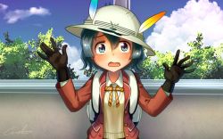 Rule 34 | 10s, 1girl, adapted costume, backpack, bag, black gloves, blue eyes, blue hair, blue sky, blush, cloud, commentary request, day, embarrassed, eyebrows visible through hat, gloves, hair between eyes, hands up, hat, hat feather, kaban (kemono friends), kemono friends, open mouth, short hair, signature, sky, solo, surprised, sweat, wavy mouth, welt (kinsei koutenkyoku), white hat