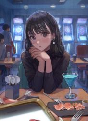 Rule 34 | 1girl, absurdres, bar (place), black hair, cocktail glass, cup, dart, dartboard, drinking glass, earrings, film grain, highres, indoors, jewelry, long sleeves, looking at viewer, mature female, nail polish, original, own hands together, utaka (anyoanyot)