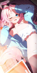 Rule 34 | 1girl, ;o, absurdres, adjusting hair, ahoge, armpits, beach mat, bikini, blue archive, blue jacket, blurry, blush, collarbone, commentary, depth of field, eyewear on head, forehead, frilled bikini, frills, hair between eyes, halo, hands up, highres, hoshino (blue archive), hoshino (swimsuit) (blue archive), jacket, liyom, long hair, long sleeves, looking at viewer, lying, navel, official alternate costume, on back, one eye closed, open clothes, open jacket, pink hair, sidelocks, sleeveless, solo, stomach, sunglasses, swimsuit, white bikini