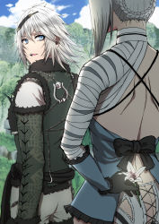 Rule 34 | absurdres, arm behind back, back, back bow, bandaged arm, bandages, black gloves, bow, braid, butt crack, flower, frills, from behind, fur trim, gloves, hair ornament, highres, kaine (nier), looking at another, looking back, nier, nier (series), nier (young), silver hair, standing, zerusu (gelus)