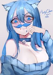 Rule 34 | 1girl, artty-chan, bare shoulders, bell, blue choker, blue hair, blue nails, blue sweater, blue theme, blush, breasts, choker, cleavage, clenched teeth, commission, disgust, ears down, fake facial hair, fake mustache, fingernails, grey background, hair between eyes, hand up, indie virtual youtuber, jingle bell, large breasts, long hair, long sleeves, looking at viewer, mile (off8mile), monocle, nail polish, neck bell, off-shoulder sweater, off shoulder, round eyewear, simple background, skeb commission, solo, sweater, teeth, upper body, virtual youtuber, wide-eyed