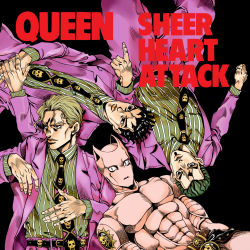 Rule 34 | 4boys, album cover redraw, bad id, bad pixiv id, blonde hair, derivative work, formal, green hair, highres, jack-ddd-no13, jojo no kimyou na bouken, kawajiri kosaku, killer queen, kira yoshikage, male focus, multiple boys, multiple persona, name connection, necktie, official style, queen (band), stand (jojo), suit