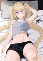 Rule 34 | 1girl, :o, armpits, black shorts, blonde hair, blue eyes, blush, breasts, casual, collarbone, crop top, fang, goddess of victory: nikke, grey shirt, highres, hormone nikke, laplace (nikke), long hair, lying, navel, on back, parted lips, pillow, shirt, short shorts, shorts, sidelocks, signature, small breasts, solo, toned, twintails, twitter username