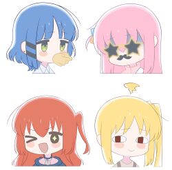 Rule 34 | 4girls, :d, absurdres, ahoge, blanchat, blonde hair, blue hair, blush, blush stickers, bocchi the rock!, brown eyes, chibi, closed mouth, collared shirt, commentary, cube hair ornament, detached ahoge, earrings, fake facial hair, fake mustache, food, french fries, gotoh hitori, green eyes, hair between eyes, hair ornament, highres, ijichi nijika, jacket, jewelry, kita ikuyo, long hair, looking at viewer, mole, mole under eye, multiple girls, one eye closed, one side up, open mouth, pink hair, pink jacket, portrait, red hair, shirt, short hair, side ponytail, sidelocks, simple background, smile, sparkling eyes, star-shaped eyewear, star (symbol), sunglasses, symbol-only commentary, v-shaped eyebrows, white background, white shirt, yamada ryo