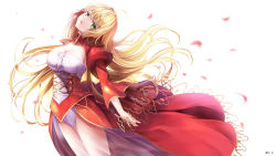 Rule 34 | 10s, 1girl, blonde hair, blurry, blurry background, breasts, cleavage, commentary request, depth of field, dress, fate/extra, fate (series), green eyes, hair between eyes, hair down, head tilt, juliet sleeves, large breasts, long hair, long sleeves, looking at viewer, nero claudius (fate), nero claudius (fate) (all), nero claudius (fate/extra), open mouth, petals, puffy sleeves, red dress, see-through, simple background, solo, toshi (1-147), twitter username, very long hair, white background, wide sleeves