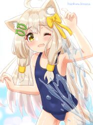Rule 34 | 1girl, ahoge, animal ear fluff, animal ears, arm up, armpits, artist name, blonde hair, blue one-piece swimsuit, blush, bow, cat ears, cat girl, cat tail, gluteal fold, green eyes, hair bow, hair ornament, hairclip, hazakura hinata, highres, long hair, old school swimsuit, one-piece swimsuit, one eye closed, open mouth, original, ribbon, school swimsuit, smile, solo, swimsuit, tail, thighs, water