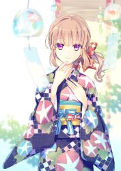 Rule 34 | 1boy, blurry, bow, brown hair, closed mouth, cowboy shot, depth of field, goma (11zihisin), hair bow, highres, japanese clothes, kimono, long hair, looking at viewer, male focus, obi, original, pink eyes, sash, smile, solo, trap, wide sleeves, wind chime, yukata