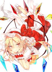Rule 34 | 1girl, blonde hair, bow, commentary request, crystal, flandre scarlet, full body, grin, hands up, hat, hat bow, head rest, highres, long hair, looking at viewer, lying, mob cap, on stomach, one side up, petticoat, puffy short sleeves, puffy sleeves, red bow, red eyes, red skirt, red vest, sakusyo, shirt, short sleeves, simple background, skirt, skirt set, smile, socks, solo, touhou, vest, white background, white hat, white shirt, white socks, wings, wrist cuffs