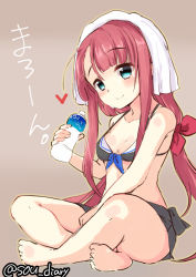 Rule 34 | 1girl, bikini, blue eyes, blush, bottle, breasts, brown background, closed mouth, indian style, indirect kiss, kantai collection, kawakaze (kancolle), long hair, looking at viewer, red hair, simple background, sitting, small breasts, smile, solo, sou (soutennkouchi), swimsuit, towel, towel on head, water