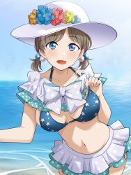 Rule 34 | 1girl, barkhorn0331, bikini, bikini skirt, blue bikini, blue eyes, blue flower, breasts, collarbone, cowboy shot, day, dot nose, flower, glint, hair bobbles, hair ornament, hand up, hat, hat flower, highres, horizon, large breasts, leaning forward, leaning to the side, looking at viewer, love live!, love live! sunshine!!, low twintails, navel, ocean, open mouth, orange flower, outdoors, parted bangs, short twintails, skirt, smile, solo, star (symbol), star print, sun hat, swimsuit, tang keke, twintails, water, white hat, white skirt