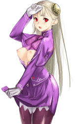 Rule 34 | 1girl, absurdres, blonde hair, breasts, breasts out, capcom fighting jam, capelet, clothes lift, commentary request, cowboy shot, gloves, hairpods, highres, hot, ingrid (capcom), long hair, medium breasts, narrow waist, nipples, open mouth, pantyhose, purple pantyhose, purple skirt, red eyes, skirt, skirt lift, solo, standing, straight hair, suggestive fluid, sweat, tetsu (kimuchi), wet, wet clothes, white gloves