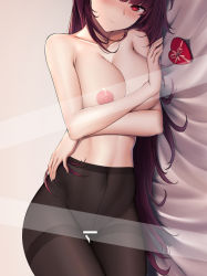 Rule 34 | 1girl, arm across waist, bar censor, black pantyhose, blush, box, breasts, censored, closed mouth, collarbone, gift, girls&#039; frontline, hair ribbon, half updo, heart-shaped box, high-waist pantyhose, large breasts, long hair, looking at viewer, lying, nipples, on side, one side up, pantyhose, purple hair, purple ribbon, red eyes, ribbon, smile, solo, thighband pantyhose, topless, torn clothes, torn pantyhose, very long hair, wa2000 (girls&#039; frontline), zhishi ge fangzhang