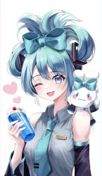 Rule 34 | 1girl, ;d, absurdres, aqua hair, bare shoulders, blue eyes, bow, cinnamiku, cinnamoroll, collared shirt, cup, detached sleeves, disposable cup, ear bow, grey shirt, hair bow, hair rings, hatsune miku, highres, holding, long hair, long sleeves, looking at viewer, necktie, one eye closed, open mouth, sanrio, shirt, sleeveless, sleeveless shirt, smile, solo, suisen (suisenhwa), upper body, vocaloid