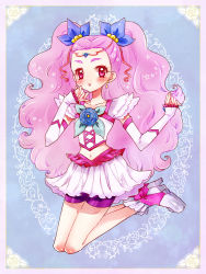 Rule 34 | 1girl, arm warmers, bike shorts, blue rose, blush, boots, detached sleeves, dress, earrings, eyelashes, flower, gloves, hair ornament, high heel boots, high heels, jewelry, long hair, looking at viewer, magical girl, midriff, milk (yes! precure 5), milky rose, mimino kurumi, navel, nene (oneoneo13), pink eyes, precure, purple hair, purple shorts, ribbon, rose, shorts, shorts under skirt, skirt, solo, tiara, two side up, wavy hair, white skirt, yes! precure 5, yes! precure 5 gogo!