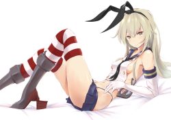Rule 34 | 10s, 1girl, anchor hair ornament, black panties, blonde hair, blush, boots, breasts, elbow gloves, gloves, grey footwear, hair ornament, hairband, highleg, highleg panties, highres, kantai collection, long hair, looking at viewer, navel, panties, shimakaze (kancolle), sideboob, skirt, small breasts, solo, striped clothes, striped thighhighs, thighhighs, underwear, wa (genryusui), white gloves, yellow eyes