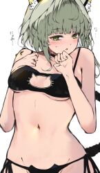 Rule 34 | 1girl, alternate costume, animal ear fluff, arknights, asymmetrical hair, black bra, black choker, black panties, blush, bra, breasts, cat cutout, cat girl, cat lingerie, cat tail, choker, clothing cutout, commentary, cowboy shot, green eyes, green hair, highres, kal&#039;tsit (arknights), kyuu (plastic night q), looking at viewer, material growth, medium breasts, medium hair, meme attire, navel, oripathy lesion (arknights), paid reward available, panties, parted lips, shy, side-tie panties, simple background, solo, standing, stomach, sweatdrop, tail, translated, underwear, underwear only, white background