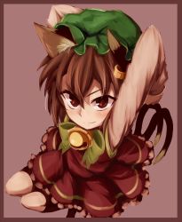 Rule 34 | 1girl, animal ear fluff, animal ears, arms up, bell, bow, bowtie, brown eyes, brown hair, cat ears, cat tail, chen, dress, earrings, foreshortening, from above, gold trim, green bow, green bowtie, hat, jewelry, jingle bell, kusiyan, mob cap, multiple tails, nekomata, perspective, pink background, red dress, short hair, simple background, single earring, solo, tail, touhou, two tails