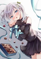 Rule 34 | 1girl, bare shoulders, black shirt, black skirt, blue bow, blue eyes, blue ribbon, blush, bound, bound wrists, bow, box, box of chocolates, commentary request, flower, food in mouth, frilled shirt, frills, grey hair, hair between eyes, hair flower, hair ornament, highres, long sleeves, looking at viewer, lying, mouth hold, off-shoulder shirt, off shoulder, on side, original, own hands together, pleated skirt, ribbon, sakura hiyori, shirt, skirt, sleeves past wrists, solo, twintails, white background, white flower