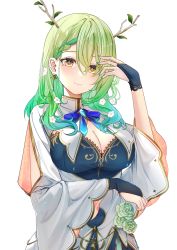 Rule 34 | 1girl, absurdres, antlers, blush, braid, branch, breasts, ceres fauna, cleavage, dress, flower, framed breasts, french braid, gradient hair, green flower, green hair, green rose, hair between eyes, hair flower, hair ornament, hand on own face, highres, hololive, hololive english, horns, large breasts, leaf, long hair, looking at viewer, mizo, mole, mole under eye, multicolored hair, rose, simple background, single braid, solo, upper body, virtual youtuber, white background, white dress