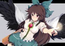 Rule 34 | 1girl, arm cannon, bad id, bad pixiv id, black wings, blush, bow, brown hair, cape, female focus, glowing, glowing hand, hair bow, long hair, mizukami ryouma, outstretched hand, pointing, red eyes, reiuji utsuho, shirt, skirt, smile, solo, third eye, touhou, weapon, wings, xjr1250