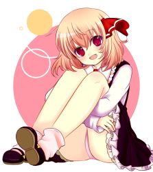 Rule 34 | 1girl, bad id, bad pixiv id, blonde hair, embodiment of scarlet devil, fang, female focus, hair ribbon, haruta (806060), hugging own legs, knees to chest, loose socks, mary janes, open mouth, panties, red eyes, ribbon, rumia, shoes, short hair, sitting, skirt, smile, socks, solo, touhou, underwear, white socks