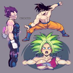 Rule 34 | 1girl, 2boys, areola slip, artist name, black bodysuit, black eyes, black hair, blue eyes, bodysuit, boots, breasts, butter sugoi, clenched hand, covered abs, covered erect nipples, dragon ball, dragon ball super, earrings, electricity, energy ball, fighting stance, furrowed brow, gloves, green hair, highres, jewelry, kefla (dragon ball), large breasts, multiple boys, muscular, muscular female, muscular male, open mouth, orange pants, outstretched arms, pants, potara earrings, purple eyes, purple hair, shirt, smile, son goku, super saiyan, super saiyan 1, topless male, torn clothes, torn shirt, ultra ego (dragon ball), vegeta, white gloves, wristband