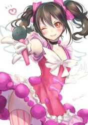Rule 34 | 10s, 1girl, ;), armpit peek, black hair, blush, bow, choker, cowboy shot, double m/, dress, female focus, gloves, hair bow, heart, lma, looking at viewer, love live!, love live! school idol festival, love live! school idol project, m/, microphone, one eye closed, pink thighhighs, red dress, red eyes, skirt, smile, solo, striped clothes, striped thighhighs, thighhighs, twintails, twitter username, vertical-striped clothes, vertical-striped thighhighs, white gloves, wings, yazawa nico