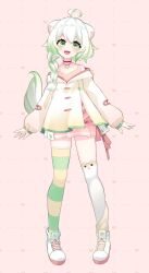 Rule 34 | 1girl, absurdres, ahoge, angelica (k3lly), animal ears, apron, asymmetrical legwear, black choker, blush, braid, choker, commentary, english commentary, eyeliner, fangs, ferret ears, ferret girl, ferret tail, fingernails, food, food-themed necklace, fruit, full body, green eyeliner, green eyes, green hair, green nails, green thighhighs, hair between eyes, heart, heart in eye, highres, jacket, laimu (vtuber), lime (fruit), long hair, long sleeves, looking at viewer, makeup, mismatched legwear, multicolored hair, multicolored nails, official art, paw print, pink apron, pink background, pink nails, shoes, skirt, smile, sneakers, solo, standing, streaked hair, striped clothes, striped thighhighs, symbol in eye, tail, thighhighs, vinesauce, virtual youtuber, white footwear, white hair, white skirt, white thighhighs, yellow thighhighs