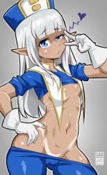 Rule 34 | 1girl, bayeuxman, blue eyes, blue leggings, breasts, cameltoe, cowboy shot, crop top, dark-skinned female, dark skin, gloves, grey background, hand on own hip, hat, highres, karla (kono healer mendokusai), kono healer mendokusai, leggings, long hair, looking at viewer, navel, pointy ears, short sleeves, silver hair, simple background, small breasts, solo, standing, tan, tanline, v, white gloves