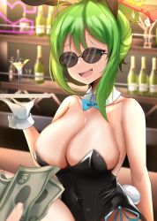 Rule 34 | 1girl, bare shoulders, bow, bowtie, breasts, cleavage, collarbone, cup, drinking glass, glasses, gloves, green eyes, green hair, hair between eyes, hair ornament, highres, holding, large breasts, looking at viewer, money, open mouth, original, rabbit ears, rabbit tail, scrapy, smile, strapless, sunglasses, tagme, tinted eyewear, waitress, white gloves