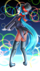 Rule 34 | 1girl, aqua eyes, aqua hair, black hat, blouse, boots, bow, center frills, collared shirt, fishnet pantyhose, fishnets, frills, from behind, full body, gloves, hair bow, hat, hatsune miku, headphones, highres, long hair, magician, miracle paint (vocaloid), oonishi shunsuke, open mouth, pantyhose, ponytail, project diva, project diva (series), shirt, solo, standing, thigh boots, thighhighs, top hat, very long hair, vocaloid, white shirt