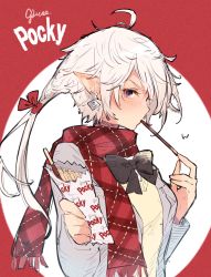 Rule 34 | 1girl, ahoge, alisaie leveilleur, black bow, black bowtie, blush, bow, bowtie, breasts, cardigan, earrings, elezen, elf, final fantasy, final fantasy xiv, food, food in mouth, grey jacket, hair over one eye, highres, holding, holding food, holding pocky, jacket, jewelry, long sleeves, looking at viewer, low ponytail, medium breasts, mokokoiro, plaid, plaid scarf, pocky, pocky day, pocky in mouth, pointy ears, purple eyes, red background, red scarf, scarf, short hair with long locks, solo, upper body, white hair, yellow cardigan