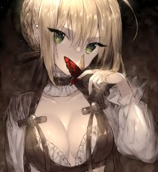 Rule 34 | 10s, 1girl, animal, black bow, blonde hair, bow, braid, breasts, bug, butterfly, cleavage, collarbone, commentary, covered mouth, epaulettes, fate/extra, fate (series), green eyes, hair between eyes, hair bow, hair bun, head tilt, insect, long sleeves, medium breasts, nero claudius (fate), nero claudius (fate) (all), nero claudius (fate/extra), puffy long sleeves, puffy sleeves, shirt, short hair, sidelocks, single hair bun, solo, sora 72-iro, symbol-only commentary, upper body, white shirt