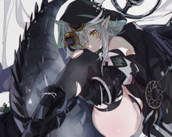 Rule 34 | 1girl, arknights, bare shoulders, black footwear, black thighhighs, boots, commentary request, crocodilian tail, goggles, goggles on head, highres, hitokoto, hood, knee up, large tail, long sleeves, looking at viewer, pointy ears, short hair, silver hair, solo, tail, thighhighs, thighs, tomimi (arknights), torn clothes, torn thighhighs, yellow eyes
