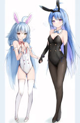 Rule 34 | 2girls, absurdres, animal ears, azur lane, bare shoulders, blue hair, blush, breasts, cleavage, closed mouth, fake animal ears, gloves, hair ornament, helena (azur lane), heterochromia, highres, holding hands, leotard, light blue hair, long hair, looking at viewer, multiple girls, nicholas (azur lane), open mouth, pantyhose, phos phos, playboy bunny, purple eyes, rabbit ears, ribbon, simple background, smile, thighhighs, twintails