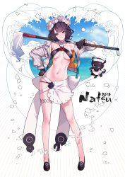 Rule 34 | 1girl, absurdres, adapted costume, apron, ban! (bansankan), bare shoulders, bikini, bikini under clothes, black bikini, black footwear, black gloves, blush, breasts, calligraphy brush, closed mouth, collarbone, fate/grand order, fate (series), flower, full body, gloves, grey jacket, hair flower, hair ornament, hairpin, halterneck, heroic spirit festival outfit, highres, holding, holding paintbrush, jacket, katsushika hokusai (fate), katsushika hokusai (festival outfit) (fate), large breasts, legs, long sleeves, looking at viewer, maid headdress, navel, octopus, off shoulder, official alternate costume, open clothes, open jacket, paintbrush, purple eyes, purple hair, sash, short hair, smile, swimsuit, thighs, tokitarou (fate), waist apron, waves, white background