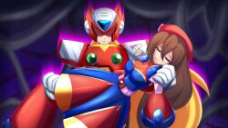 Rule 34 | 1boy, 1girl, absurdres, aura, axasempai, beret, blonde hair, breasts, brown hair, cable, carrying, carrying person, closed eyes, energy sword, hat, helmet, highres, holding, iris (mega man), large breasts, long hair, mega man (series), mega man x4, mega man x (series), robot, shaded face, sword, very long hair, weapon, zero (mega man)