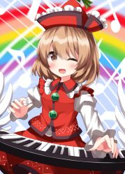 Rule 34 | 1girl, blush, brown eyes, brown hair, eighth note, hair between eyes, hat, highres, instrument, keyboard (instrument), long sleeves, looking at viewer, lyrica prismriver, musical note, one eye closed, open mouth, rainbow, red hat, red skirt, red vest, ruu (tksymkw), shirt, short hair, skirt, smile, solo, touhou, vest, white shirt