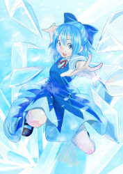 Rule 34 | 1girl, bad id, bad pixiv id, blue eyes, blue hair, bow, cirno, dress, foreshortening, gujira, hair bow, ice, matching hair/eyes, open hand, open mouth, outstretched arm, outstretched hand, short hair, smile, solo, touhou, wings